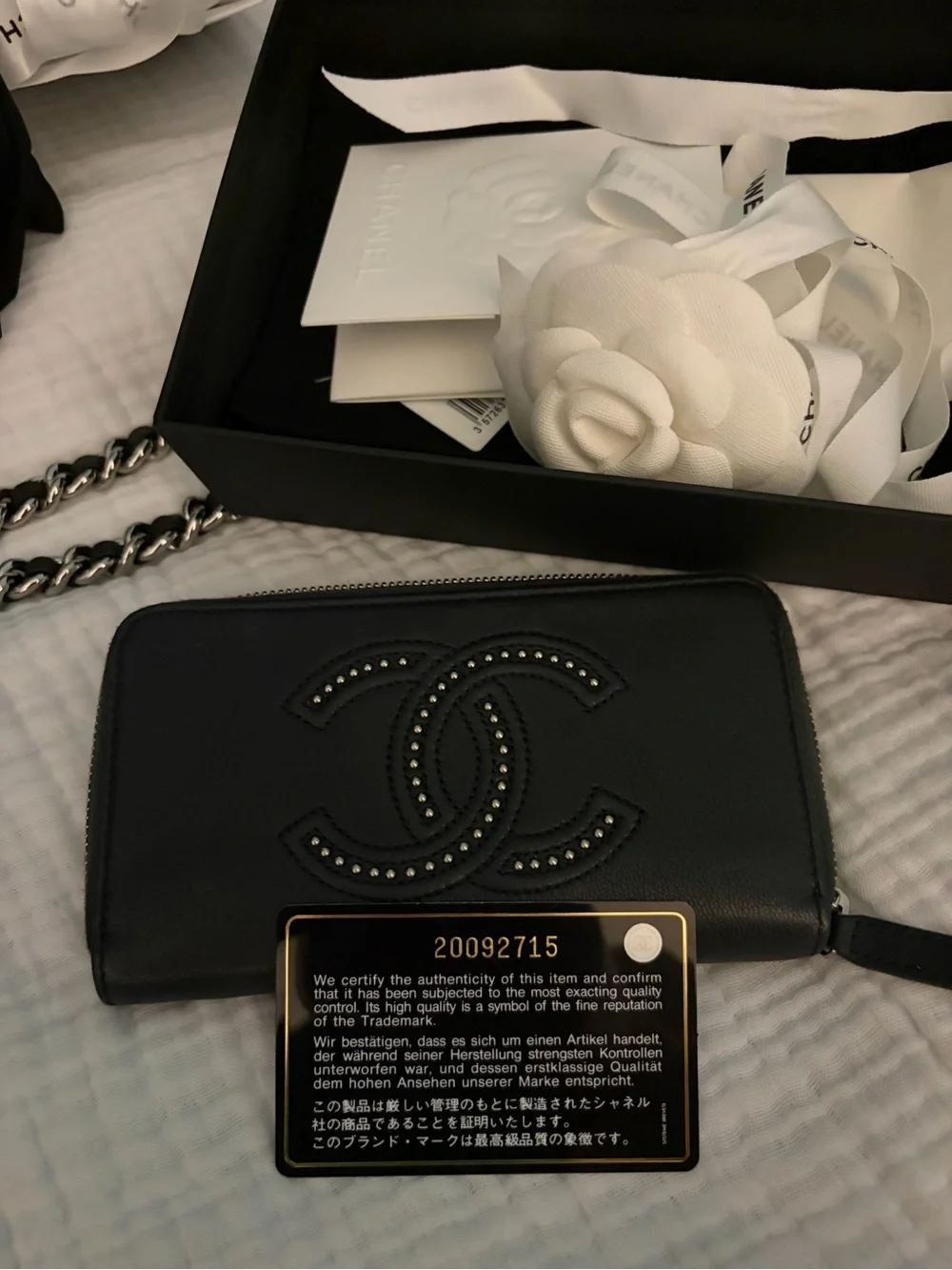CHANEL Black Leather Zip Card Organizer with Silver Zipper